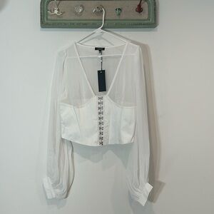 Widow white plunging v neck corset top long blousy chiffon sleeve crop XL shirt